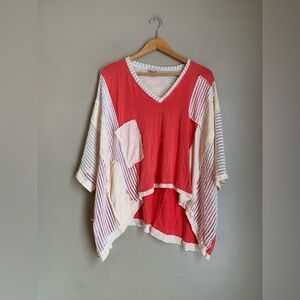 POL V-Neck Crochet Detail Oversized Top Blouse Patchwork Asymmetrical Medium